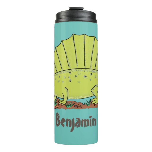 Cute green dimetrodon cartoon illustration thermal tumbler (Front)