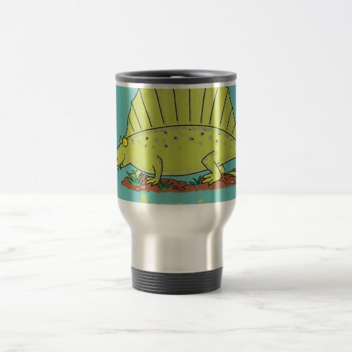 Cute green dimetrodon cartoon illustration travel mug