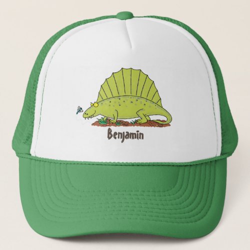 Cute green dimetrodon cartoon illustration trucker hat