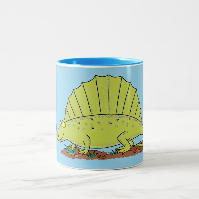 Cute green dimetrodon cartoon illustration Two-Tone coffee mug (Center)
