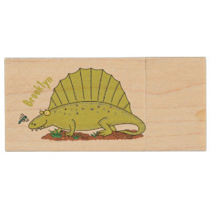 Cute green dimetrodon cartoon illustration wood flash drive