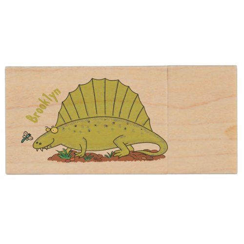 Cute green dimetrodon cartoon illustration wood flash drive