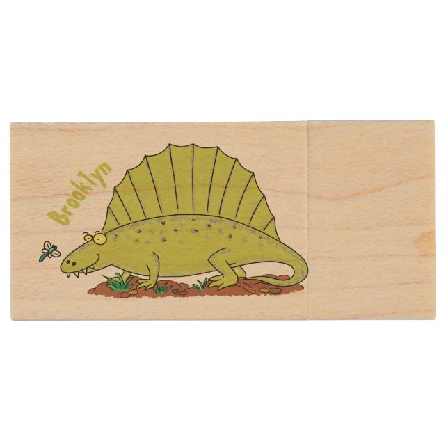 Cute green dimetrodon cartoon illustration wood flash drive (Front)