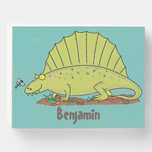 Cute green dimetrodon cartoon illustration wooden box sign