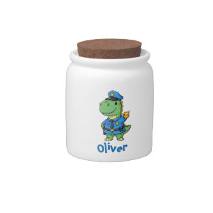 Cute Green Dino Cop with Badge Candy Jar