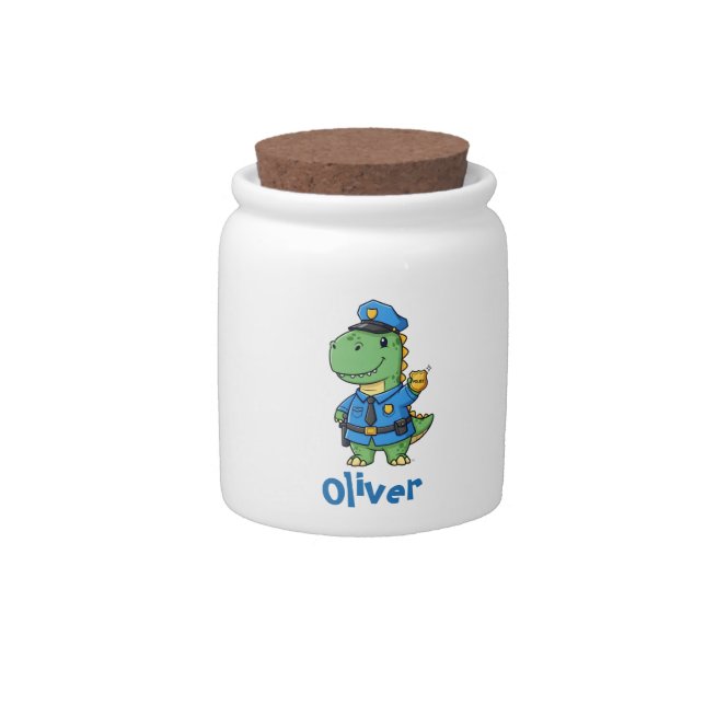 Cute Green Dino Cop with Badge Candy Jar (Front)