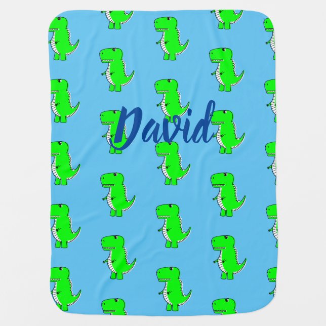 Cute Green Dino T-Rex On Blue  Baby Blanket (Front)