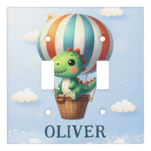 Cute Green Dino Takes Flight in a Hot Air Balloon Light Switch Cover