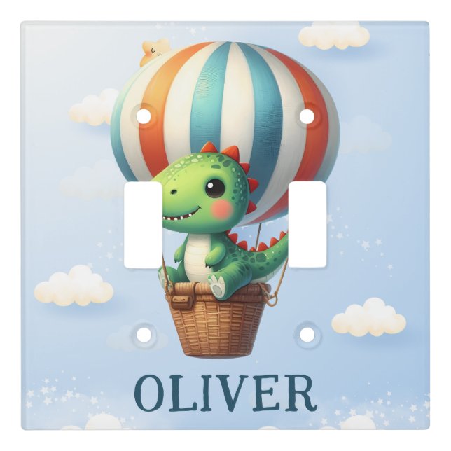 Cute Green Dino Takes Flight in a Hot Air Balloon Light Switch Cover (Front)