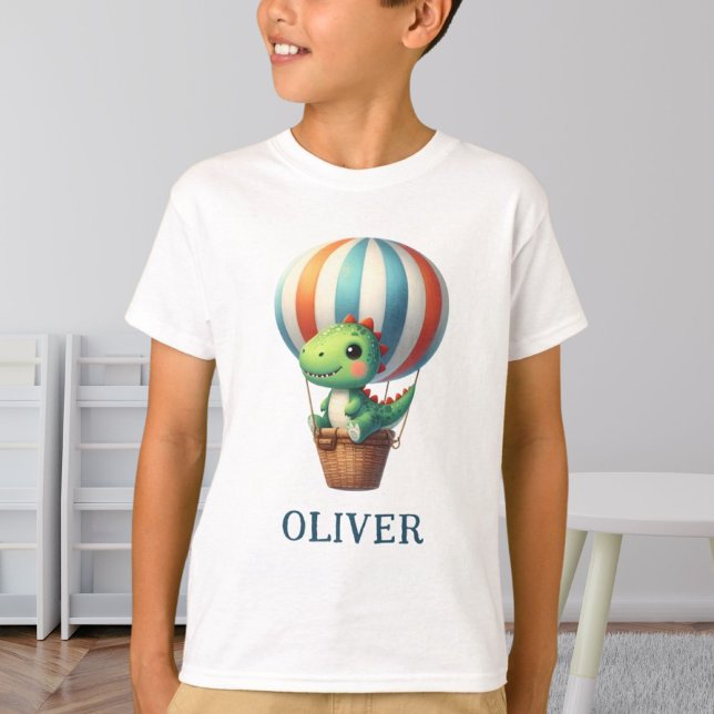 Cute Green Dino Takes Flight in a Hot Air Balloon T-Shirt (Creator Uploaded)