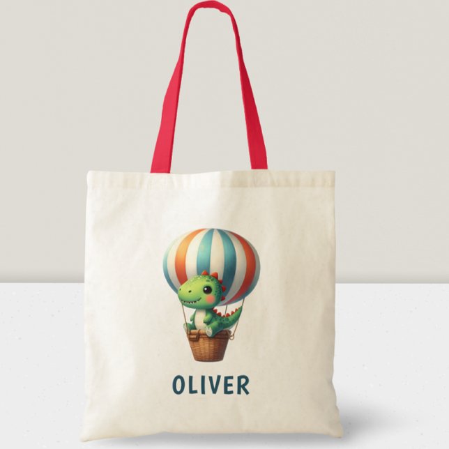 Cute Green Dino Takes Flight in a Hot Air Balloon Tote Bag (Creator Uploaded)
