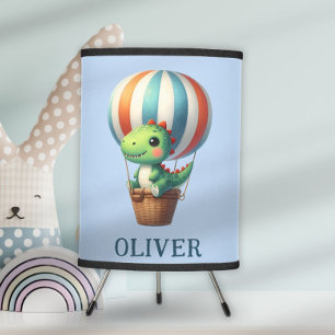 Cute Green Dino Takes Flight in a Hot Air Balloon Tripod Lamp