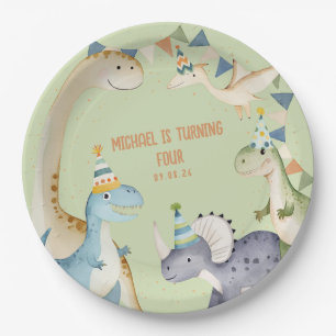 Cute green Dinomite Birthday party Paper Plates