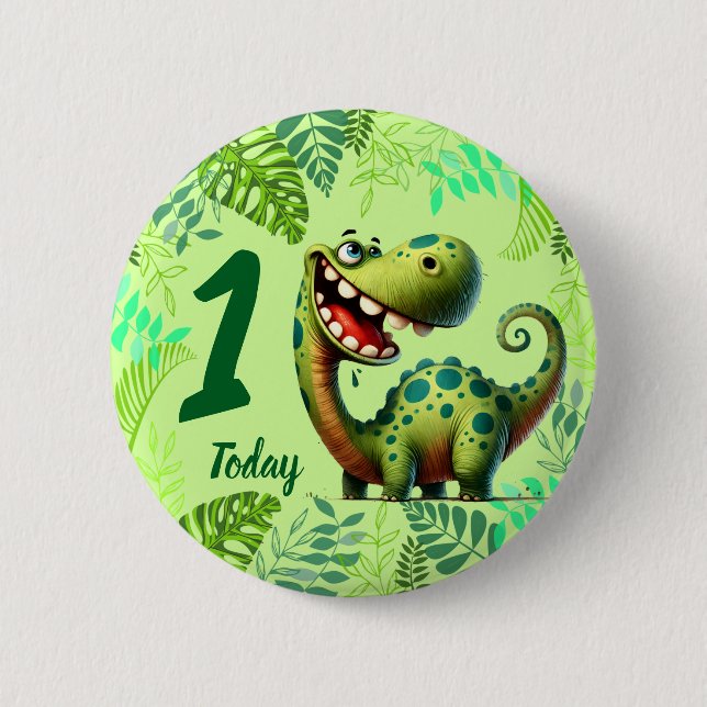 Cute Green Dinosaur 1st Birthday Button (Front)