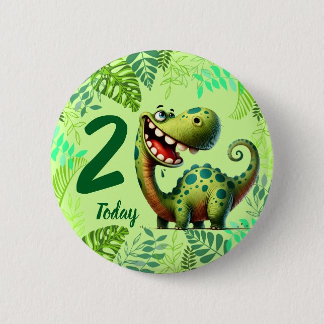 Cute Green Dinosaur 2nd Birthday Button (Front)