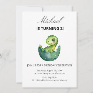 Cute Green Dinosaur 2nd Birthday Party Invitation