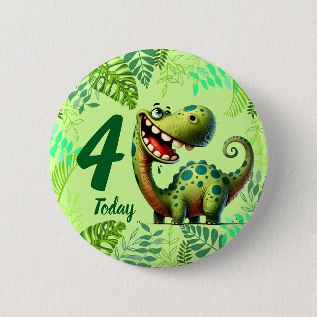 Cute Green Dinosaur 4th Birthday Button (Front)