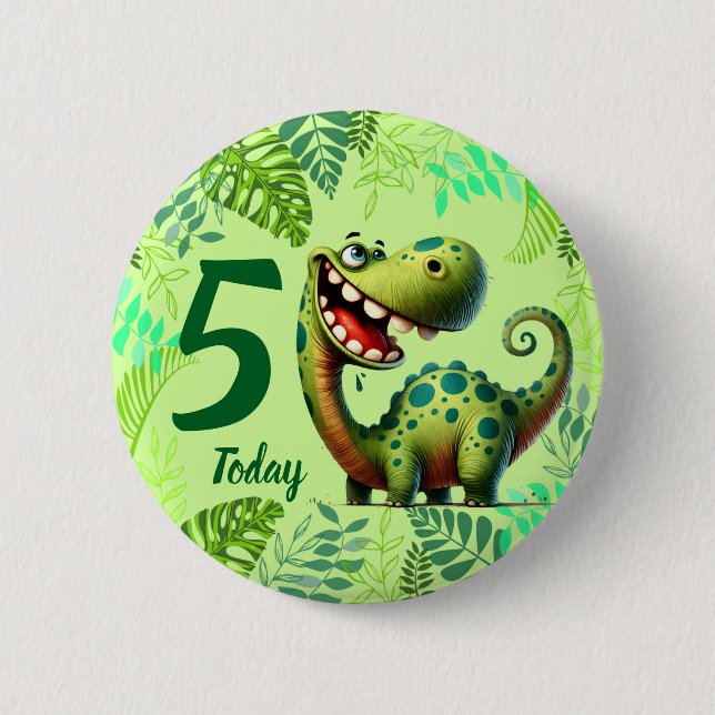 Cute Green Dinosaur 5th Birthday Button (Front)