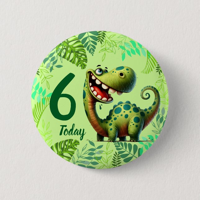 Cute Green Dinosaur 6th Birthday Button (Front)