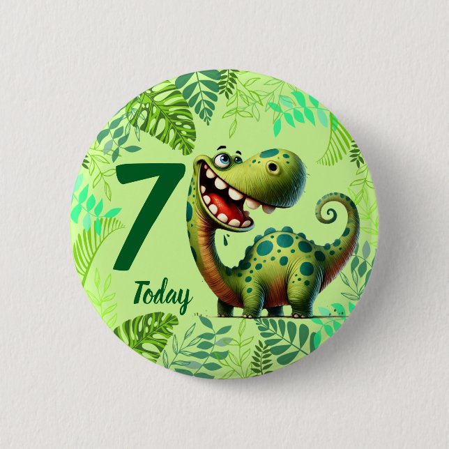 Cute Green Dinosaur 7th Birthday Button (Front)
