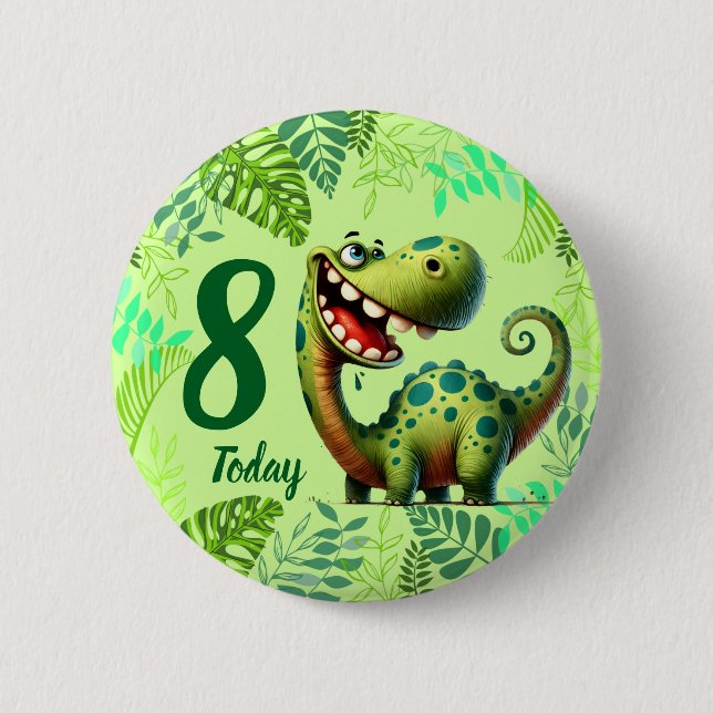 Cute Green Dinosaur 8th Birthday Button (Front)