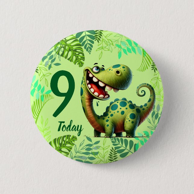 Cute Green Dinosaur 9th Birthday Button (Front)