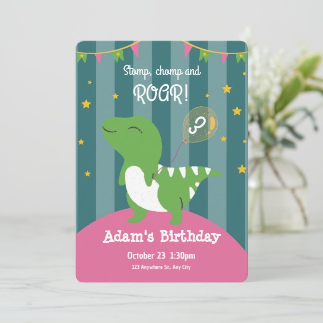 Cute Green Dinosaur Baby Birthday Invitation (Standing Front)