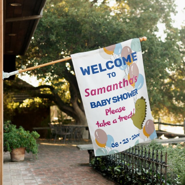 Cute Green Dinosaur Balloon Baby Shower House Flag (In SItu)