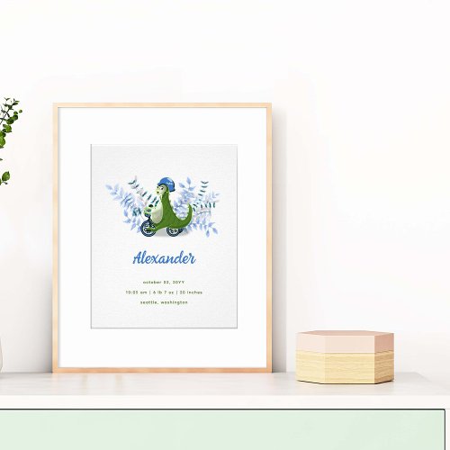 Cute Green Dinosaur Birth Stats Boy Nursery Wall Poster