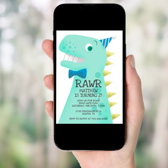 Cute Green Dinosaur Birthday Party Invitation (Front Digital)