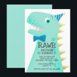 Cute Green Dinosaur Birthday Party Invitation<br><div class="desc">Cute birthday invitation for your child's dinosaur theme party! Cartoon style illustration of a green dinosaur with yellow spikes. The t rex is wearing a blue bow tie and a tiny party hat. You can add the party information on the dinosaur's body. Text is easily editable online.</div>