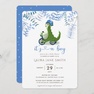 Cute Green Dinosaur Blue Trike Boy Baby Shower Invitation