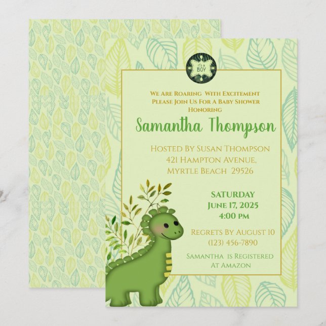 Cute Green Dinosaur Boy Baby Shower Invitation (Front/Back)