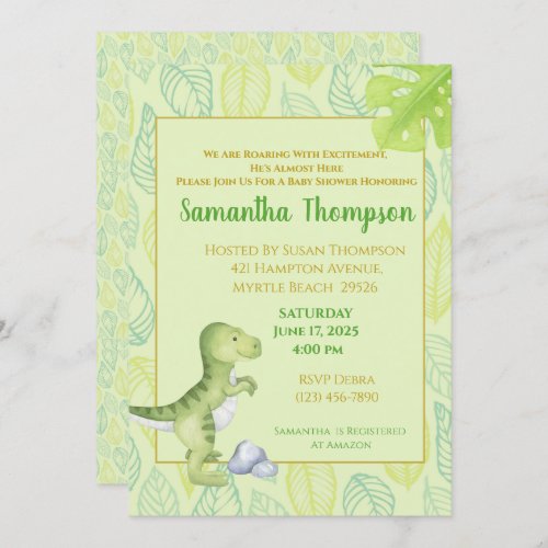Cute Green Dinosaur Boy Baby Shower Invitation