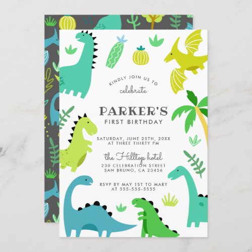 Cute Green Dinosaur Boy Birthday Party