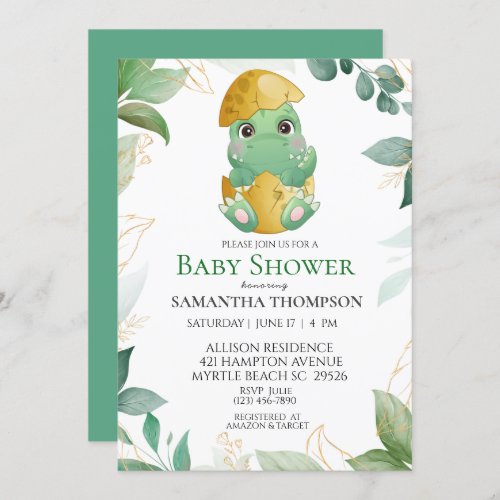 Cute Green Dinosaur Boys Baby Shower Invitation