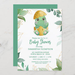 Cute Green Dinosaur Boys Baby Shower Invitation