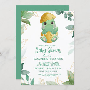 Cute Green Dinosaur Boys Baby Shower Invitation