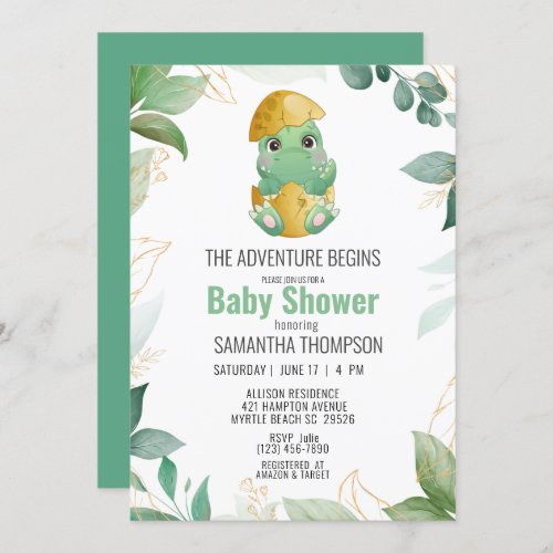 Cute Green Dinosaur Boys Baby Shower Invitation