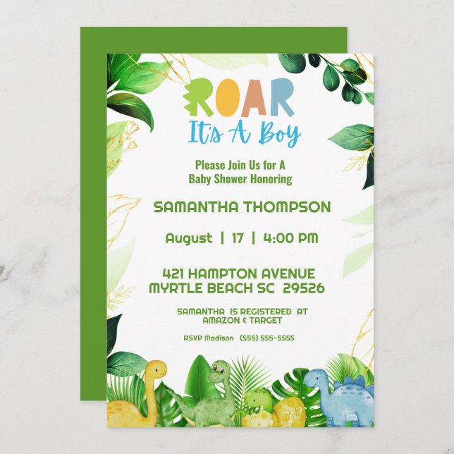 Cute Green Dinosaur Boys Baby Shower Invitation (Front/Back)