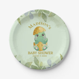 Cute Green Dinosaur Boys Baby Shower Paper Plates