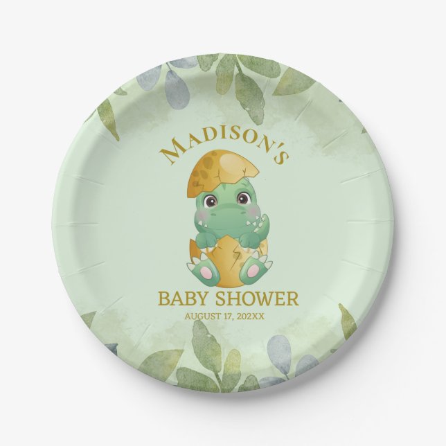 Cute Green Dinosaur Boys Baby Shower  Paper Plates (Front)