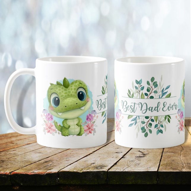 Cute Green Dinosaur Floral Best Dad Ever Coffee Mug (Creator Uploaded)