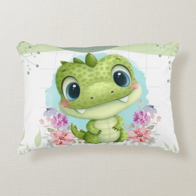 Cute Green Dinosaur Floral Themed Personalized Accent Pillow (Front)