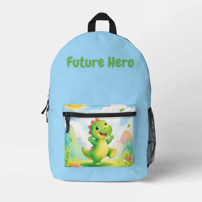 Cute Green Dinosaur Future Hero Blue Design Printed Backpack (Front)