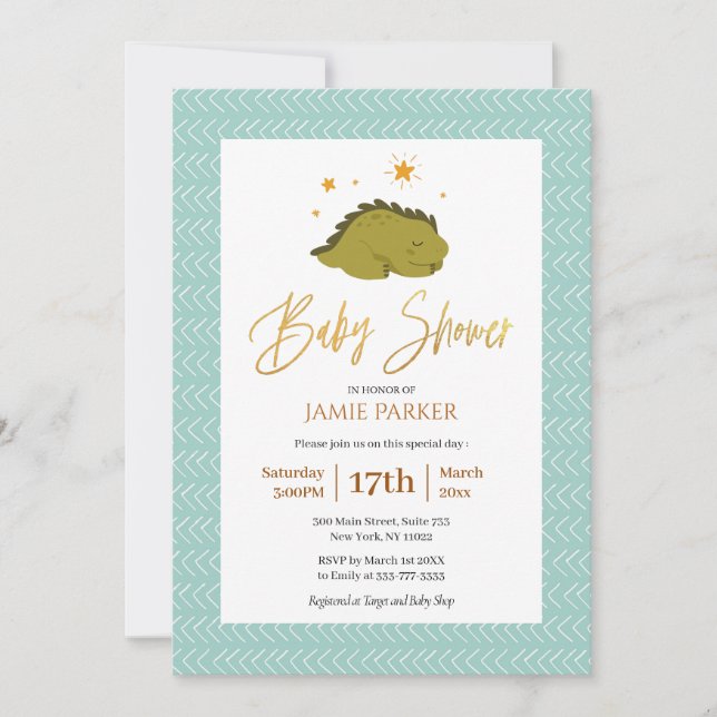 Cute Green Dinosaur Gold Script Baby Shower Invitation (Front)