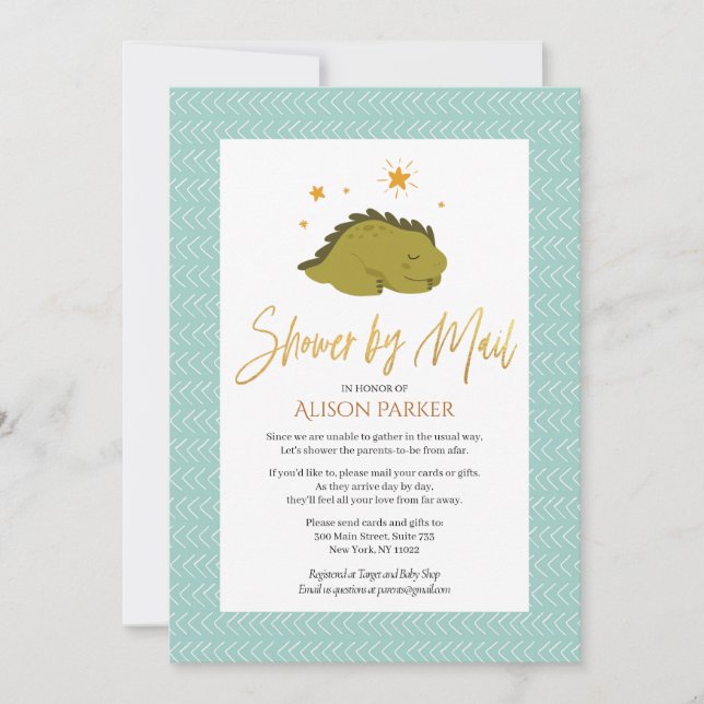 Cute Green Dinosaur Gold Script Shower By Mail Invitation (Front)