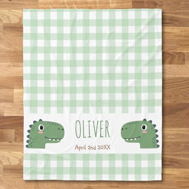 Cute Green Dinosaur Head Gingham Name Birth Fleece Blanket (Creator Uploaded)
