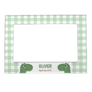 Cute Green Dinosaur Head Gingham Name Birth Magnetic Frame