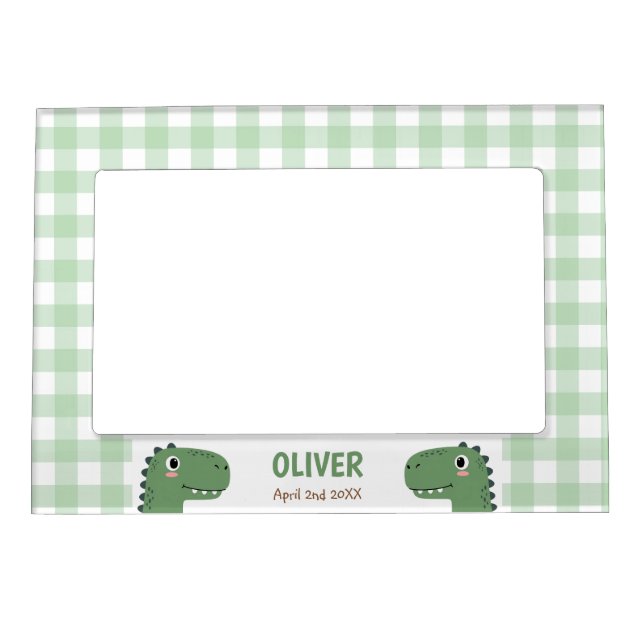 Cute Green Dinosaur Head Gingham Name Birth Magnetic Frame (Front)